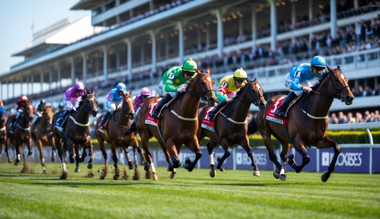 Beberapa kuda pacuan dengan joki berwarna-warni sedang berlari kencang di lintasan pacuan dengan penonton di tribun yang antusias menonton.