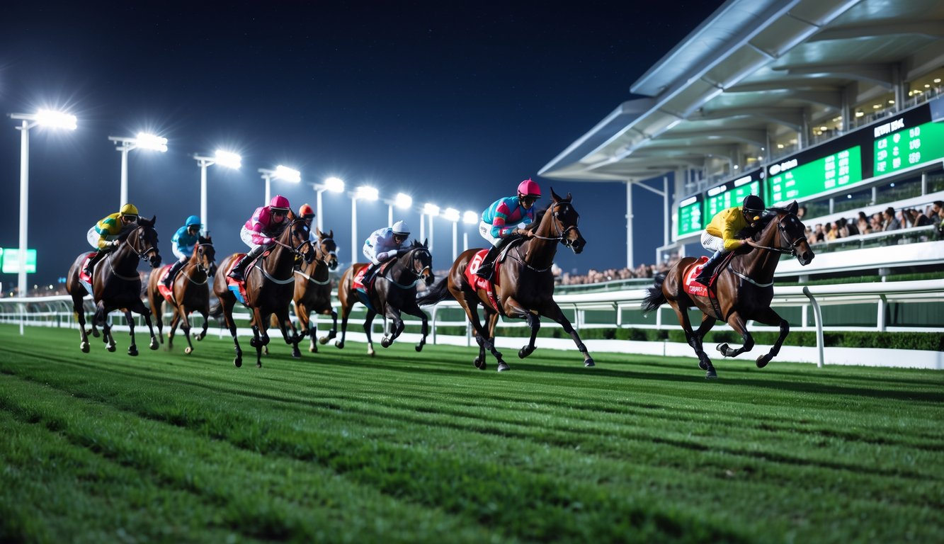 Lomba pacuan kuda malam hari dengan kuda berlari cepat di lintasan, joki mengenakan pakaian balap berwarna-warni, dan penonton di tribun yang antusias.