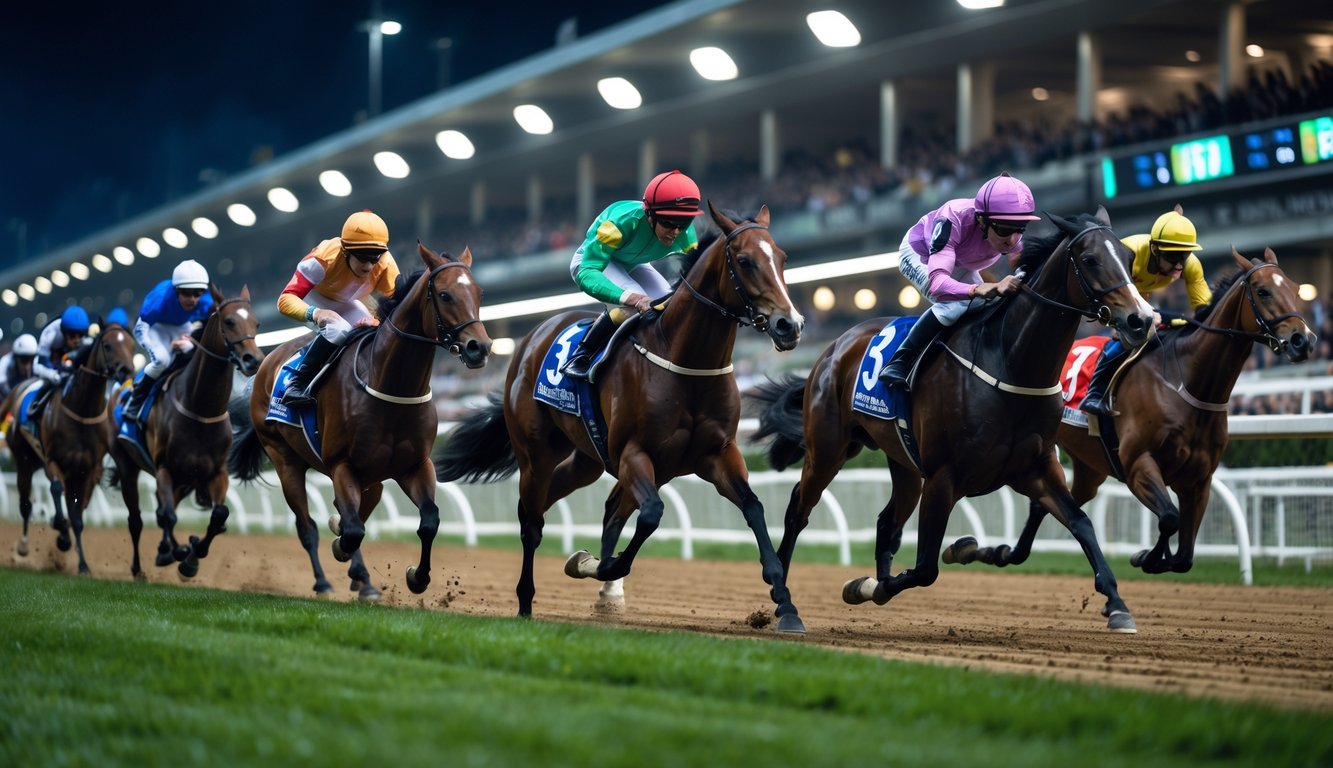 Adegan balapan kuda malam hari dengan joki yang sedang berlomba di lintasan yang terang dan penonton di tribun.