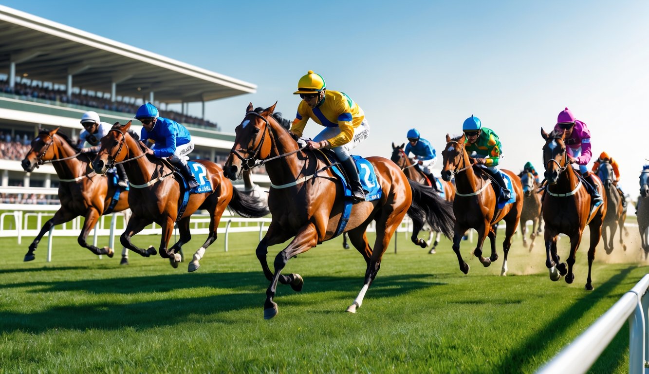 Beberapa kuda pacuan berlari cepat di lintasan dengan joki mengenakan pakaian balap berwarna-warni, di depan tribun penonton yang penuh semangat.