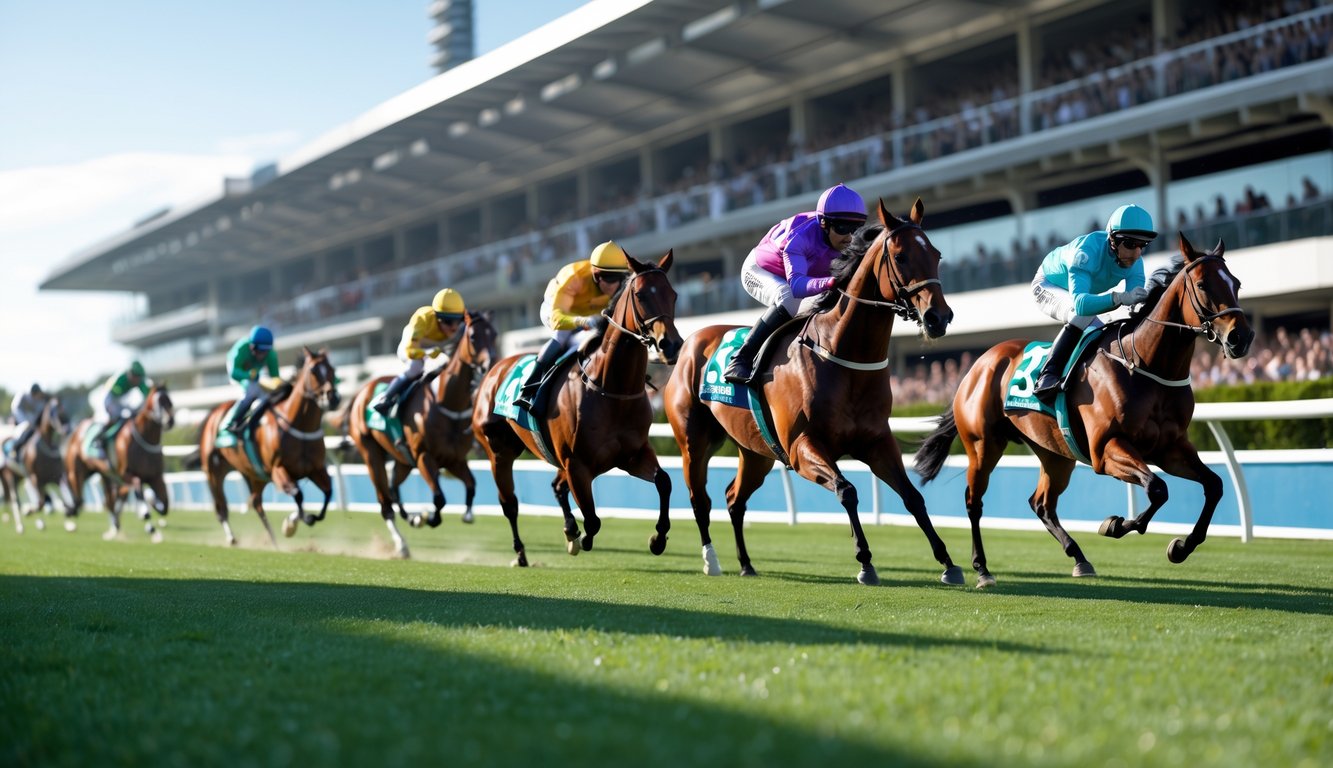 Beberapa kuda pacuan dengan joki sedang berlari cepat di lintasan pacuan kuda dengan tribun penonton penuh di latar belakang.