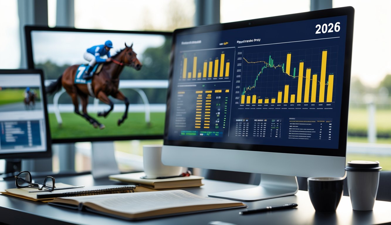 Meja kerja dengan komputer menampilkan grafik statistik pacuan kuda, buku catatan, dan cangkir kopi.