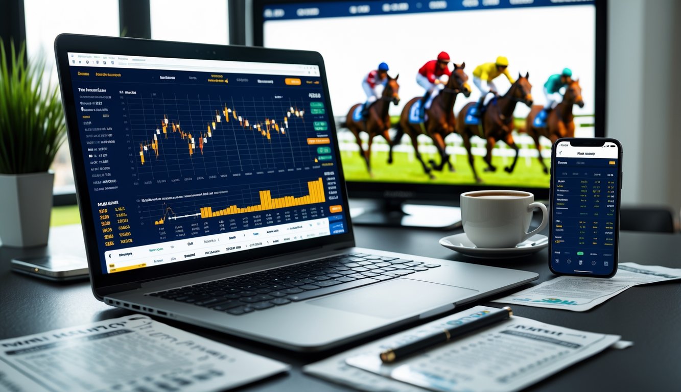 Seorang pria di meja kerja dengan laptop, grafik statistik, dan layar besar yang menampilkan balapan kuda di latar belakang.