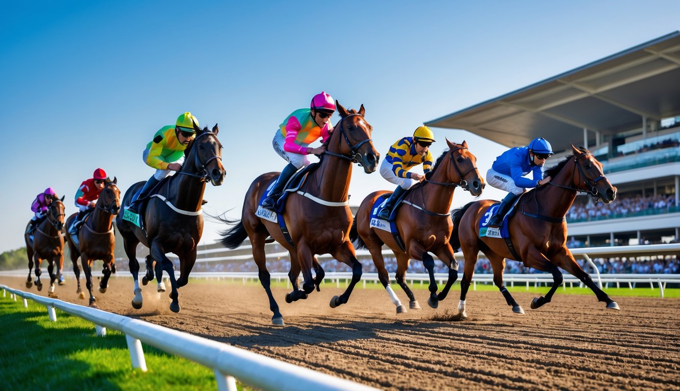 Beberapa kuda pacuan berlari cepat di lintasan dengan joki mengenakan pakaian balap berwarna-warni dan penonton di tribun.