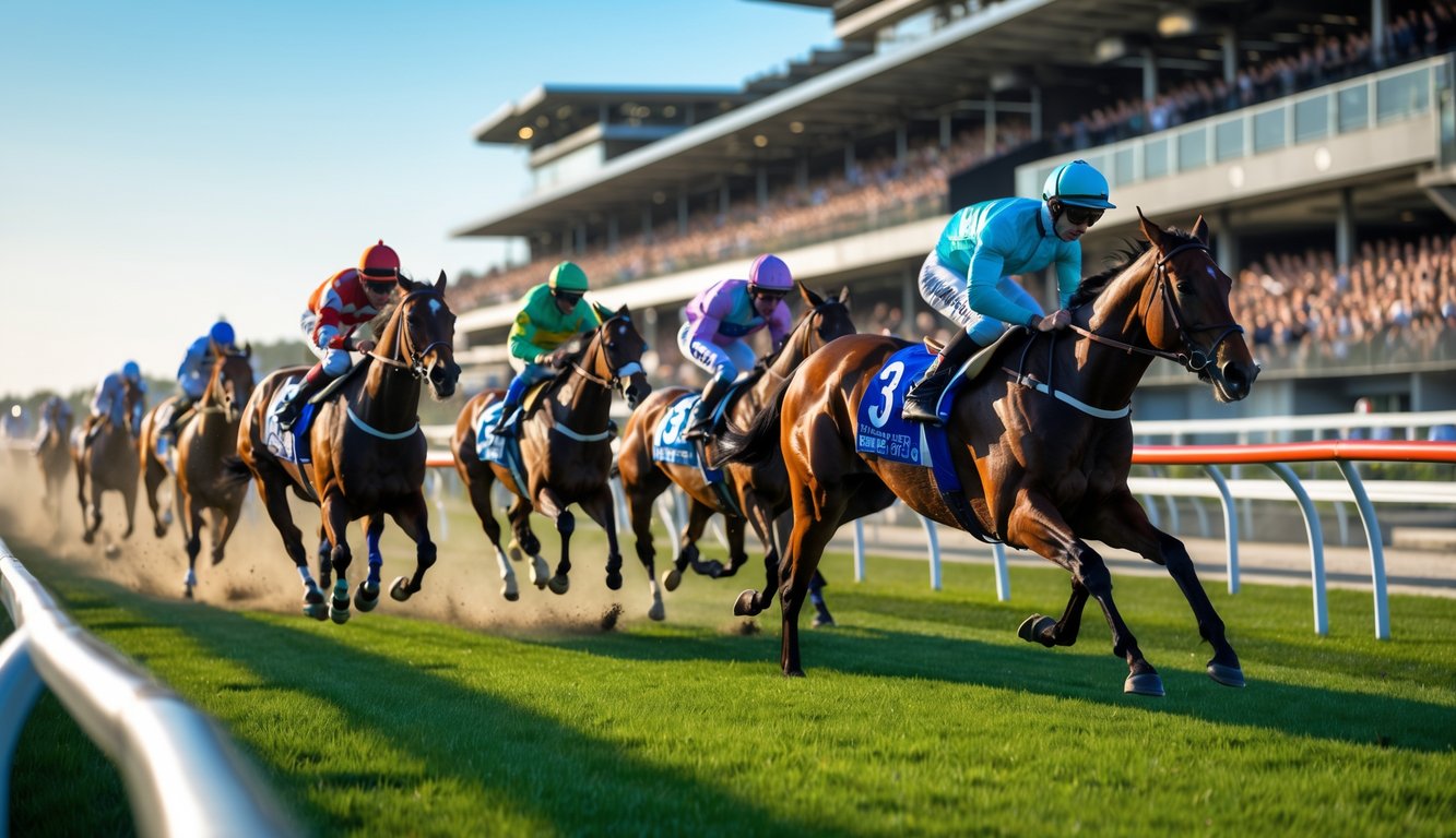 Sejumlah kuda pacuan dengan joki berwarna-warni sedang berlari kencang di lintasan hijau dengan penonton di tribun di latar belakang.
