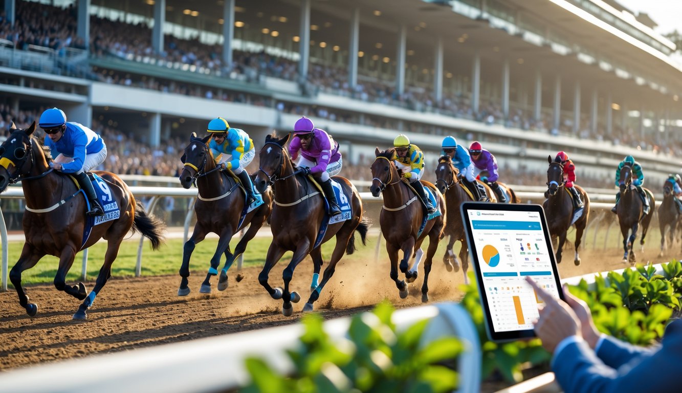 Beberapa kuda pacuan dengan joki sedang berlomba di lintasan, dengan penonton di tribun dan seorang petaruh yang menganalisis data balapan menggunakan tablet.
