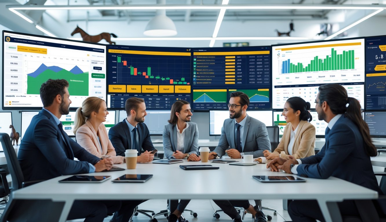 Sekelompok profesional sedang berdiskusi di ruang kantor dengan layar digital yang menampilkan data dan grafik tentang pacuan kuda tahun 2026.