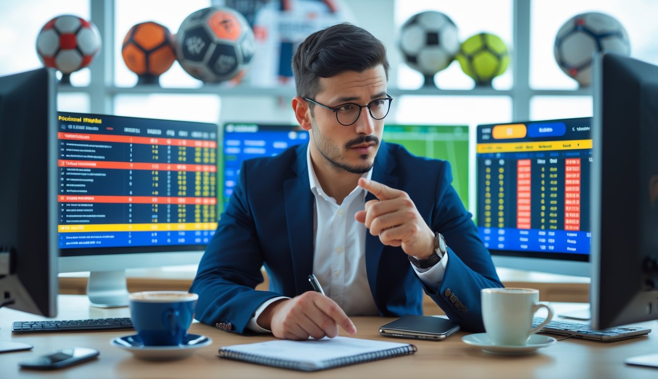 Seorang analis olahraga duduk di depan beberapa layar komputer yang menampilkan statistik pertandingan sepak bola dan peluang taruhan, di ruang kerja yang rapi dengan memorabilia sepak bola di latar belakang.