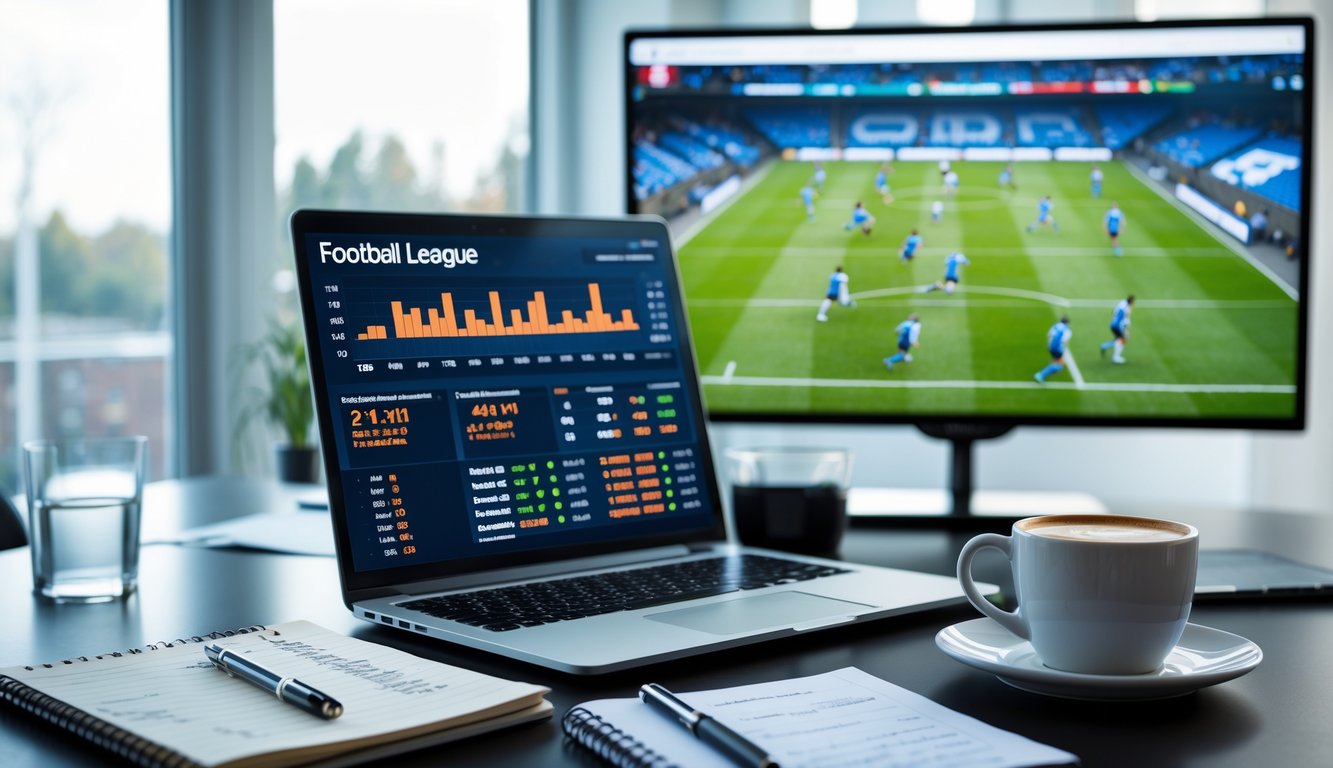 Seorang pria sedang bekerja dengan laptop yang menampilkan statistik dan peluang taruhan sepak bola, di meja terdapat catatan dan kopi, dengan pertandingan sepak bola yang sedang berlangsung di layar besar di belakangnya.