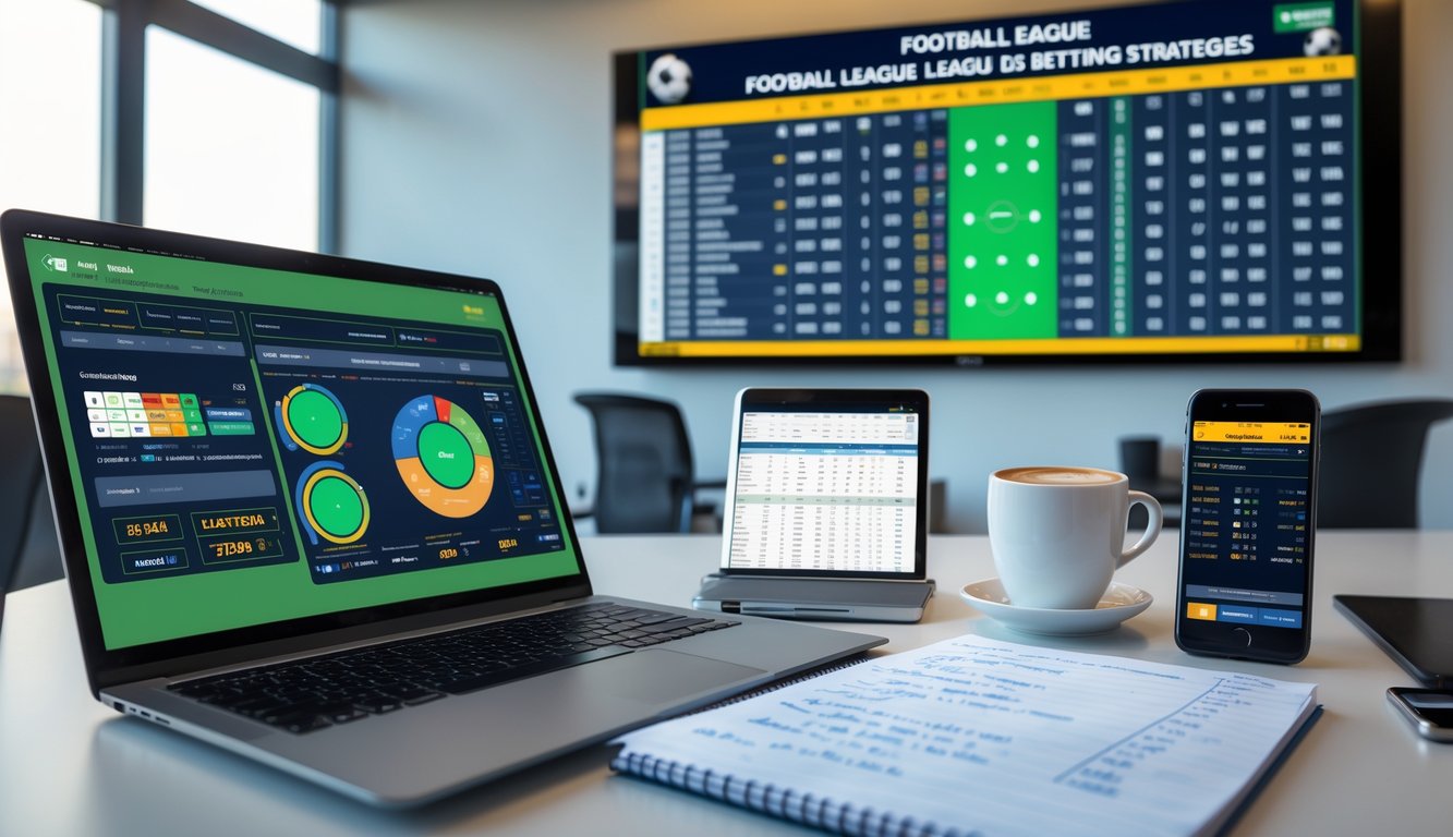Sebuah ruang kerja dengan laptop, catatan, dan layar yang menampilkan statistik dan jadwal pertandingan sepak bola.