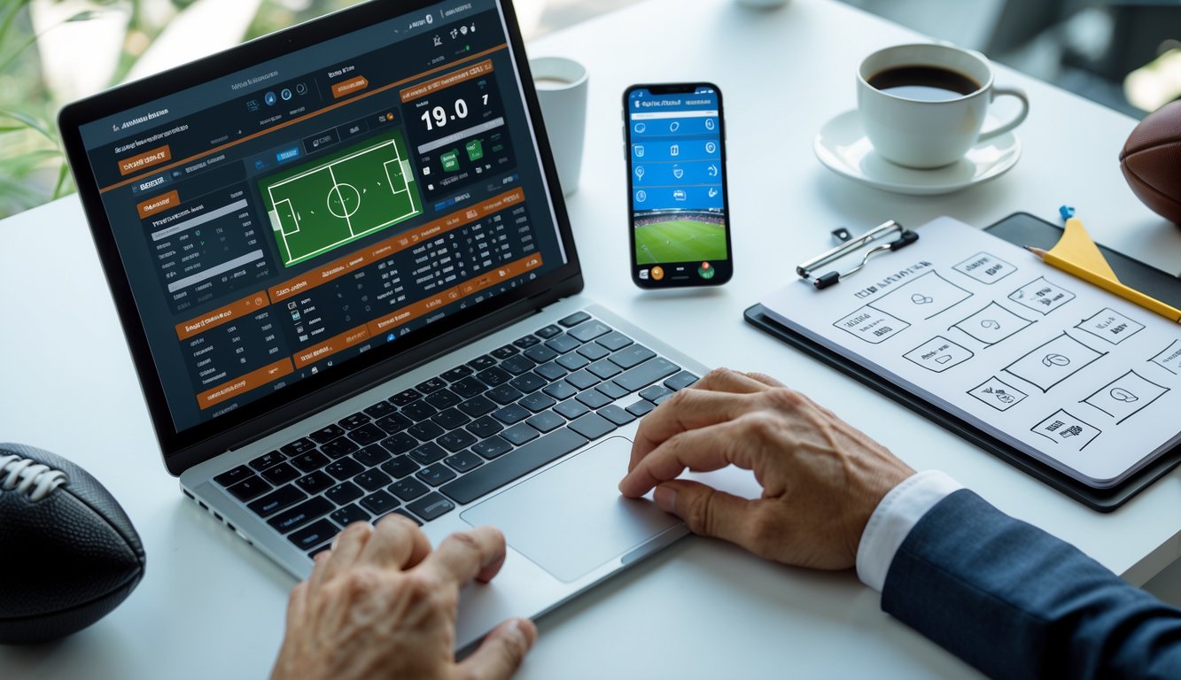 Meja kerja dengan laptop menampilkan statistik sepak bola, telepon pintar dengan pertandingan langsung, bola sepak, clipboard taktik, dan catatan strategi taruhan.