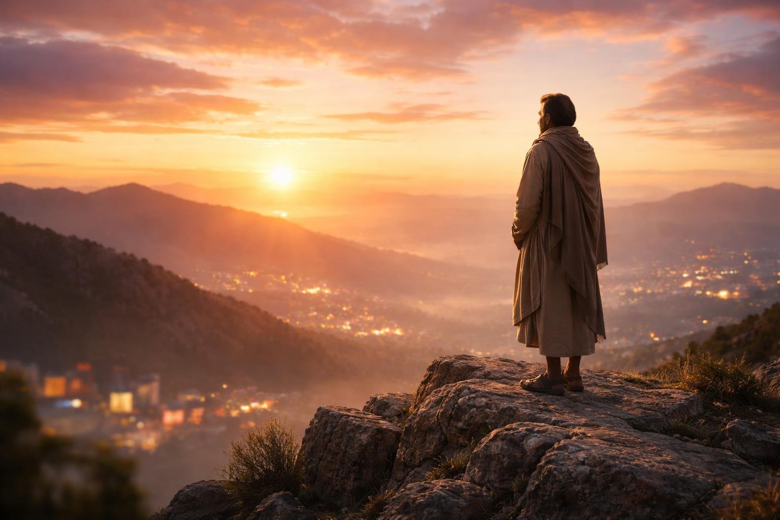 A person standing alone on a rocky mountaintop at sunrise, looking thoughtfully toward the horizon with a calm expression.