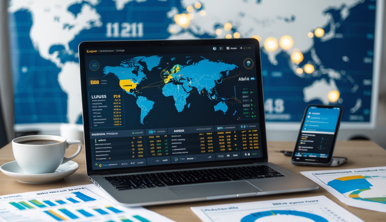 Meja kerja dengan laptop yang menampilkan statistik pertandingan sepak bola dan peluang taruhan dari liga Eropa dan Asia, dilengkapi dengan ponsel dan kertas berisi grafik.