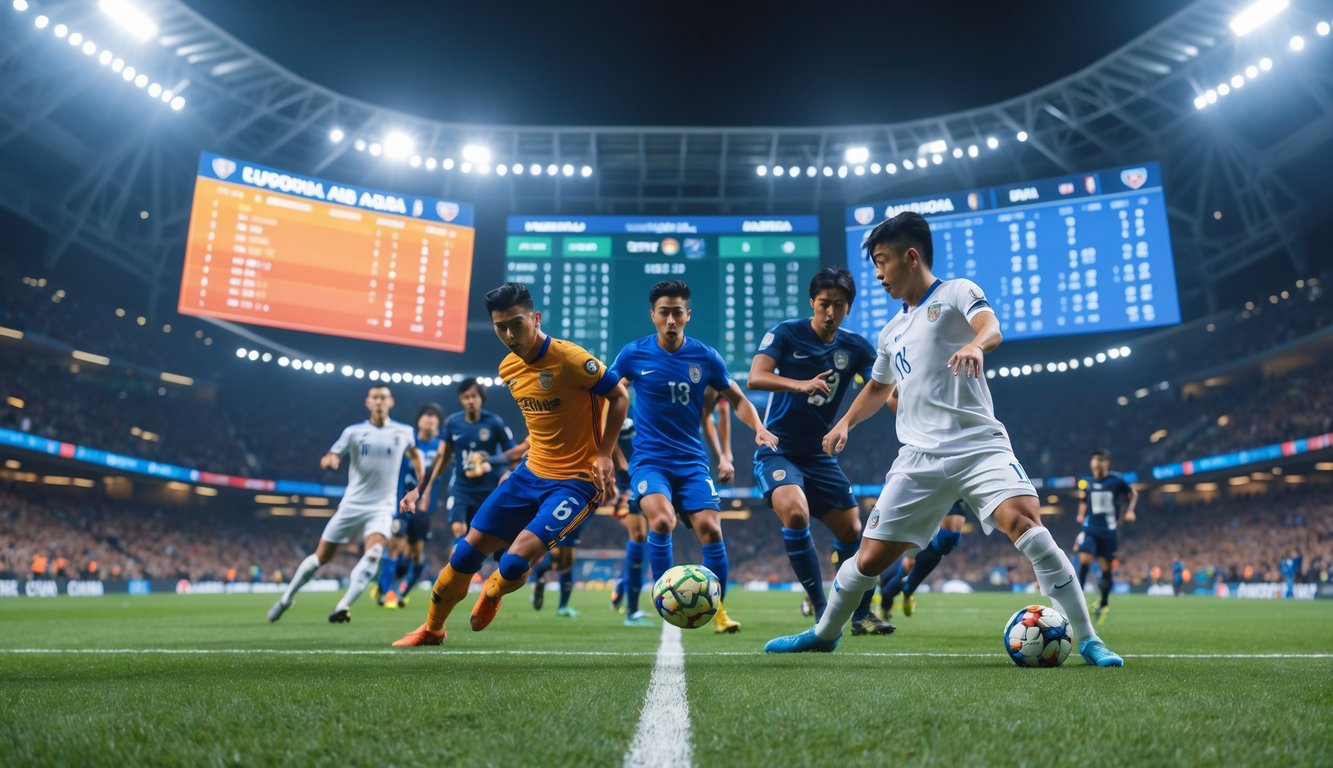 Pertandingan sepak bola antara tim Eropa dan Asia di stadion besar dengan pemain yang sedang beraksi di lapangan dan penonton di tribun.