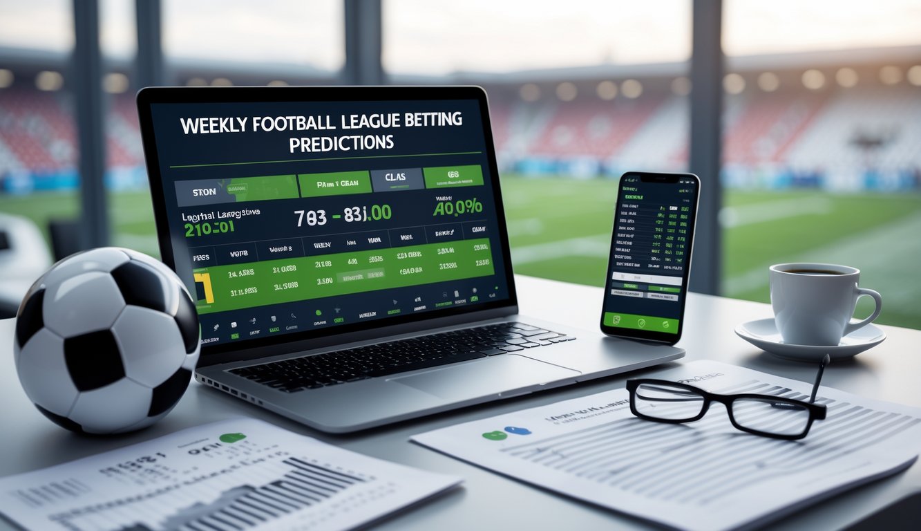 Meja kerja dengan laptop, ponsel, dan bola sepak bola, menampilkan suasana analisis taruhan liga sepak bola mingguan.