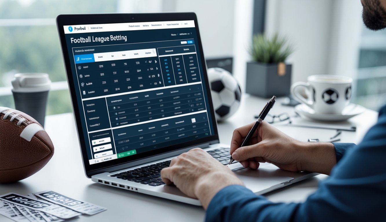 Seseorang sedang menganalisis data taruhan liga sepak bola mingguan di depan laptop dengan alat tulis dan bola sepak kecil di meja.