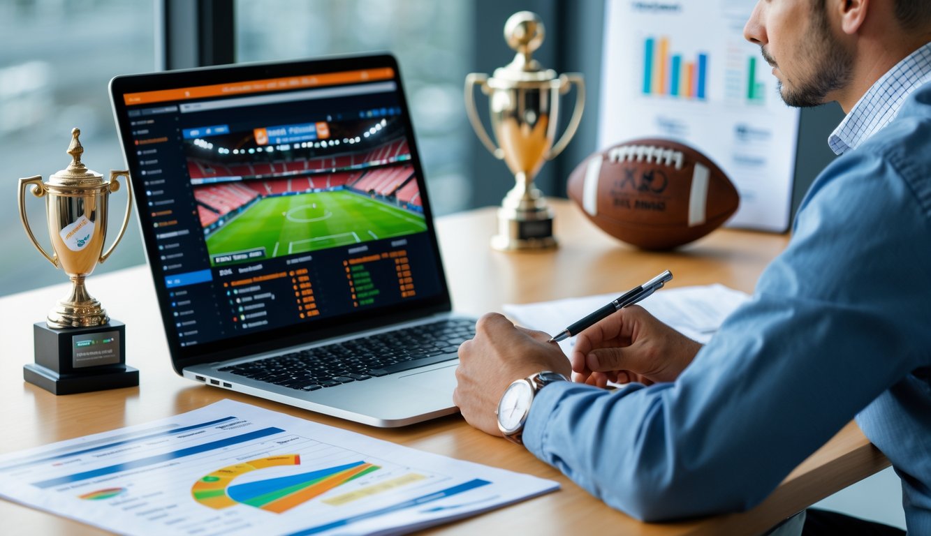 Seseorang sedang menganalisis data taruhan sepak bola online di depan laptop dengan grafik dan statistik di meja kerja.