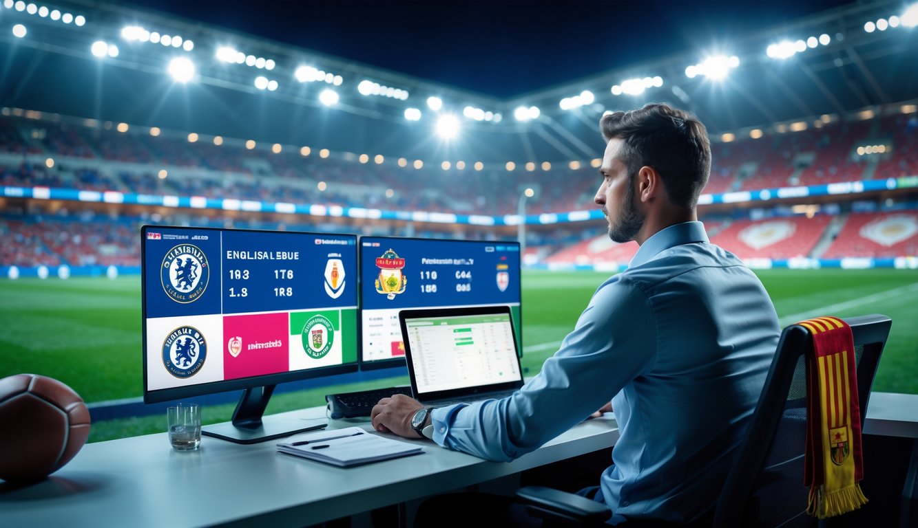 Seorang analis sepak bola sedang bekerja di depan beberapa monitor yang menampilkan statistik dan logo tim Liga Inggris dan Liga Spanyol, dengan latar belakang stadion sepak bola yang terang dan penuh penonton.