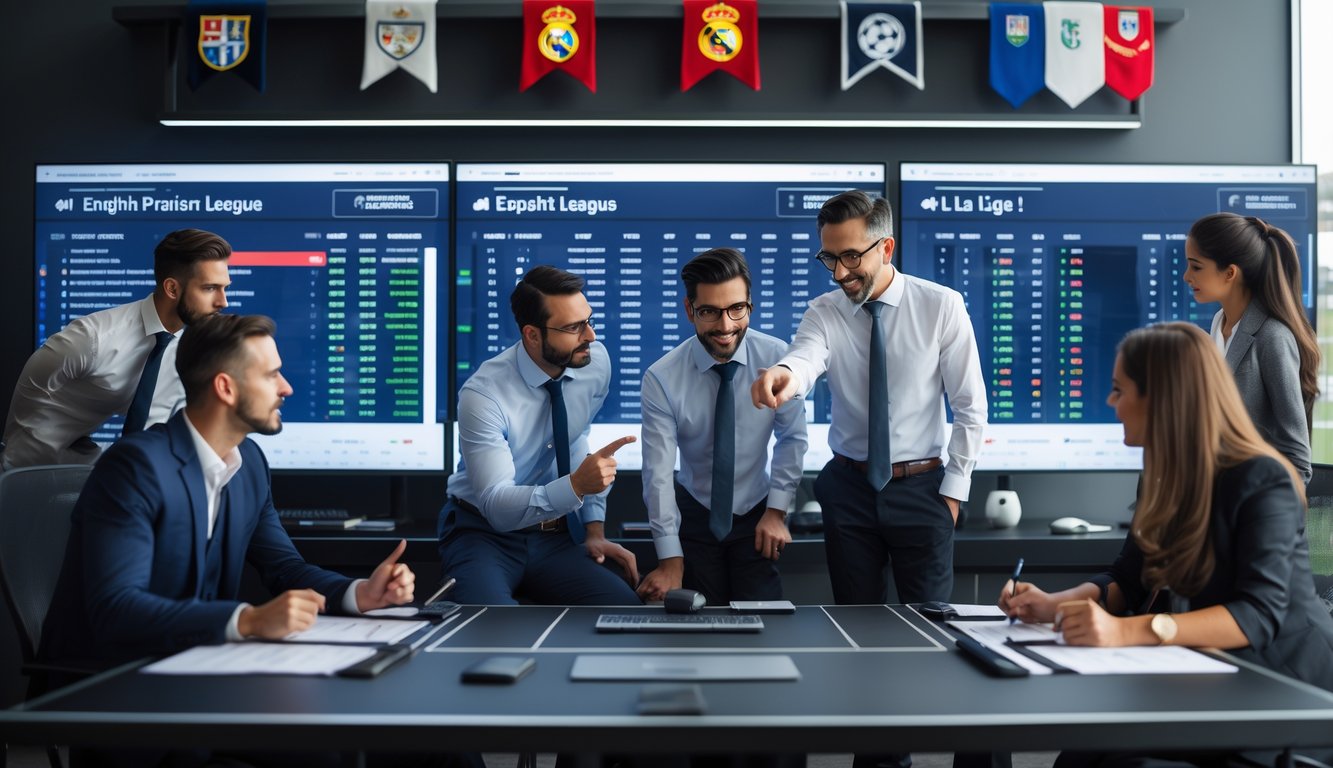 Sekelompok analis sepak bola sedang berdiskusi di depan monitor yang menampilkan statistik dan peluang taruhan pertandingan Liga Inggris dan Liga Spanyol.