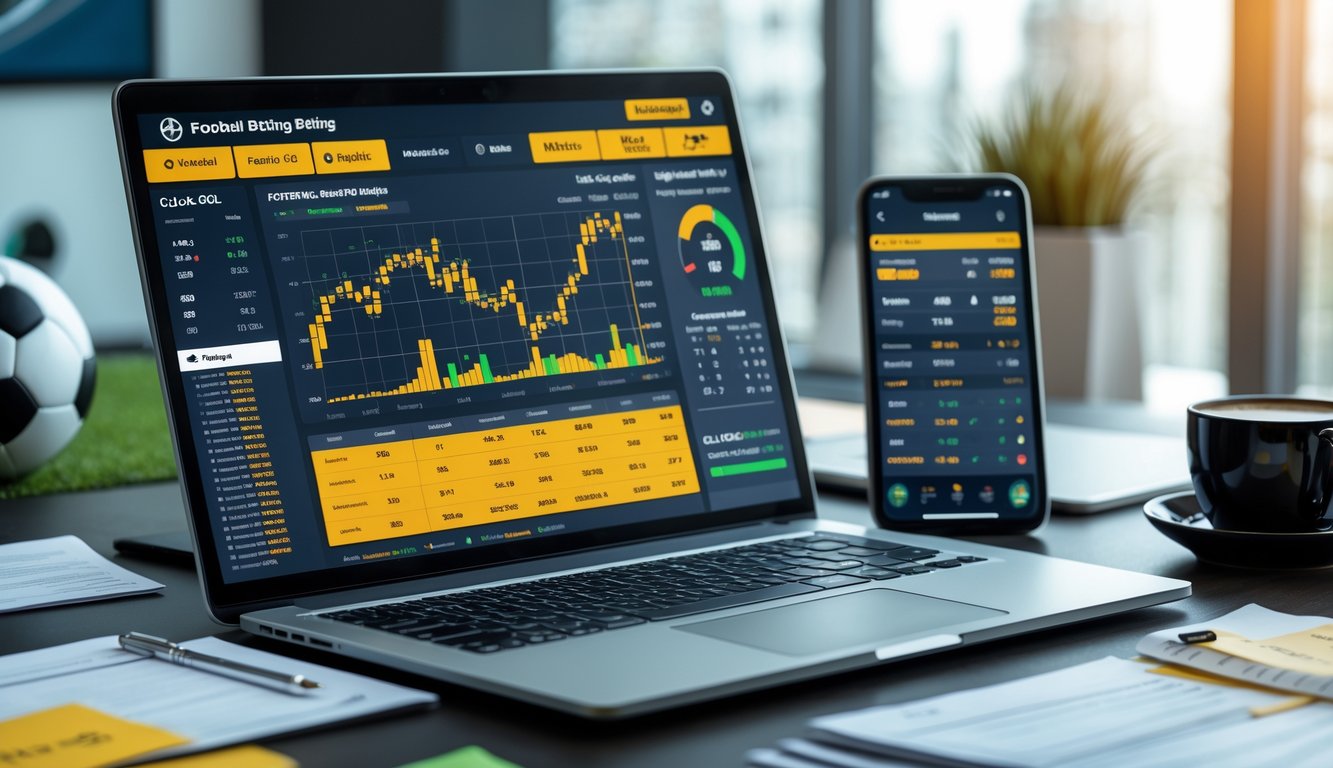 Seorang analis taruhan sepak bola bekerja di depan laptop dengan grafik dan statistik pertandingan, dikelilingi catatan dan ponsel dengan skor pertandingan, di ruang kerja yang rapi.