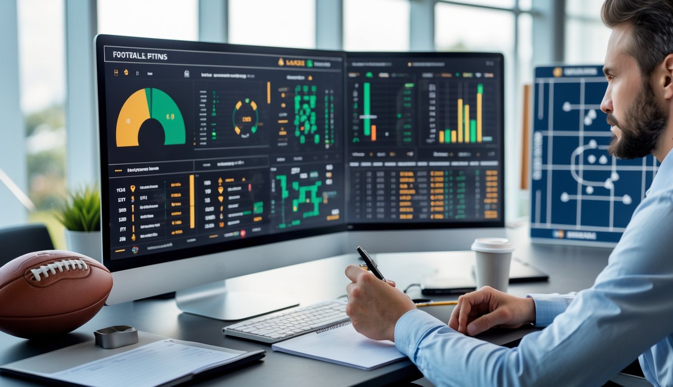 Seorang pria sedang menganalisis data peluang taruhan sepak bola di meja kerja dengan komputer dan alat tulis di ruang kantor yang terang.