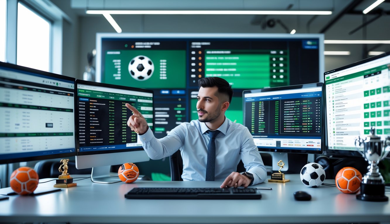 Seorang analis olahraga sedang bekerja di depan beberapa layar komputer yang menampilkan statistik dan prediksi pertandingan sepak bola.