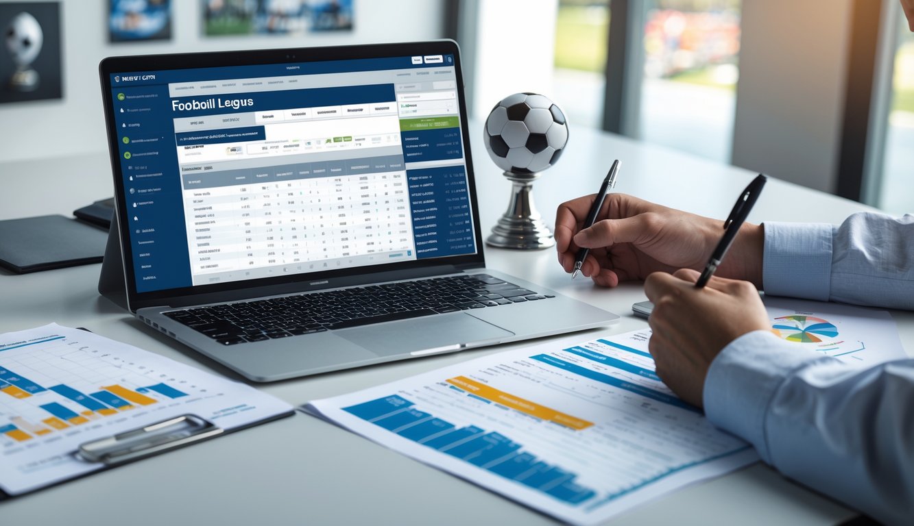 Seseorang sedang menganalisis statistik dan prediksi tim sepak bola di sebuah meja kerja dengan laptop dan catatan.