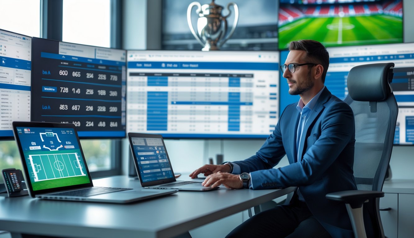 Seorang analis olahraga sedang memeriksa statistik dan prediksi skor pertandingan sepak bola di layar komputer di sebuah kantor modern.