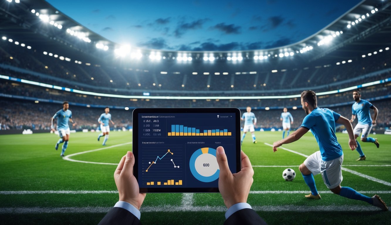 Seorang pria menganalisis statistik pertandingan sepak bola di tablet dengan latar belakang pertandingan sepak bola yang sedang berlangsung di stadion penuh penonton.