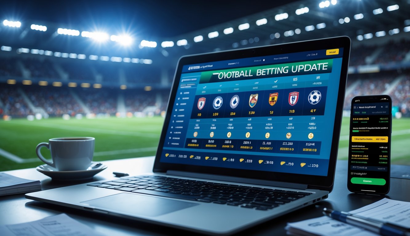 Seorang analis sedang bekerja dengan laptop dan ponsel yang menampilkan statistik dan prediksi skor pertandingan sepak bola, dengan latar belakang stadion sepak bola yang ramai.