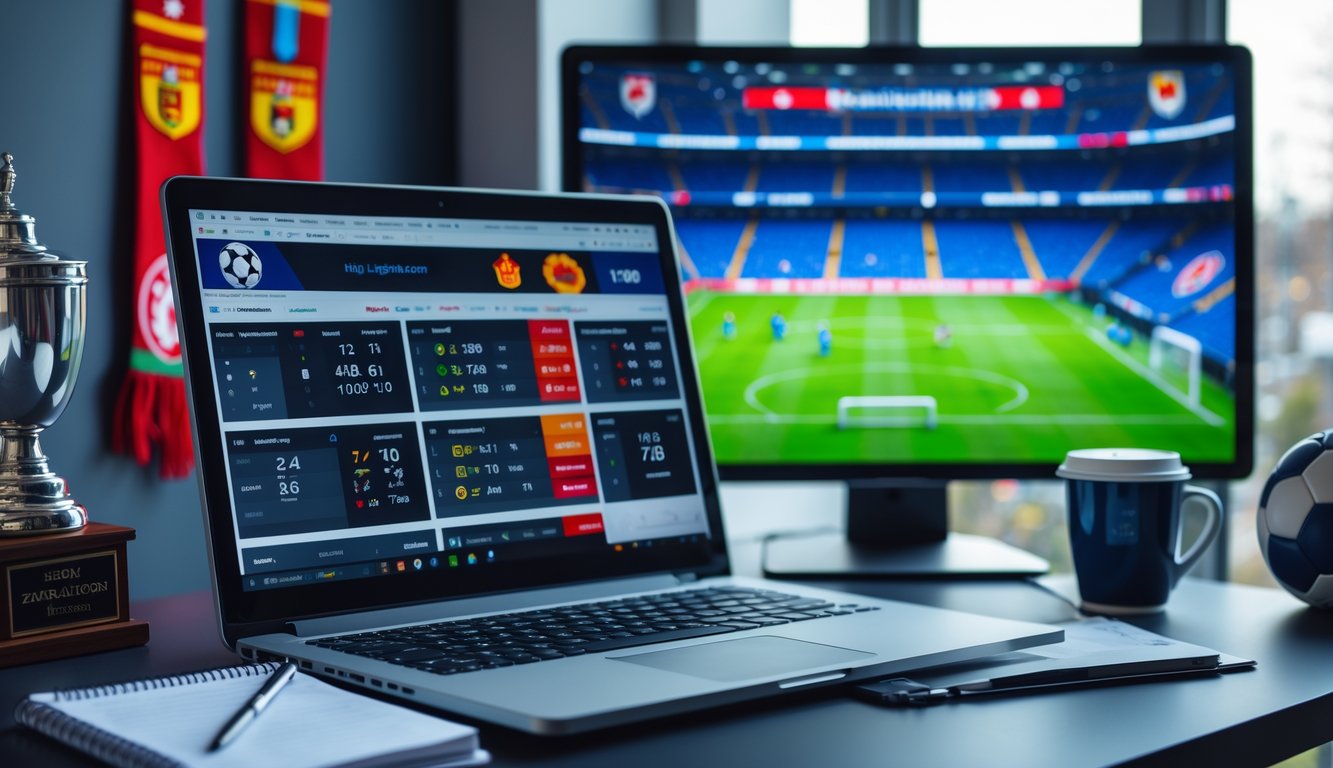 Meja kerja dengan laptop dan tablet yang menampilkan statistik sepak bola, cangkir kopi, dan layar besar yang menayangkan pertandingan sepak bola.