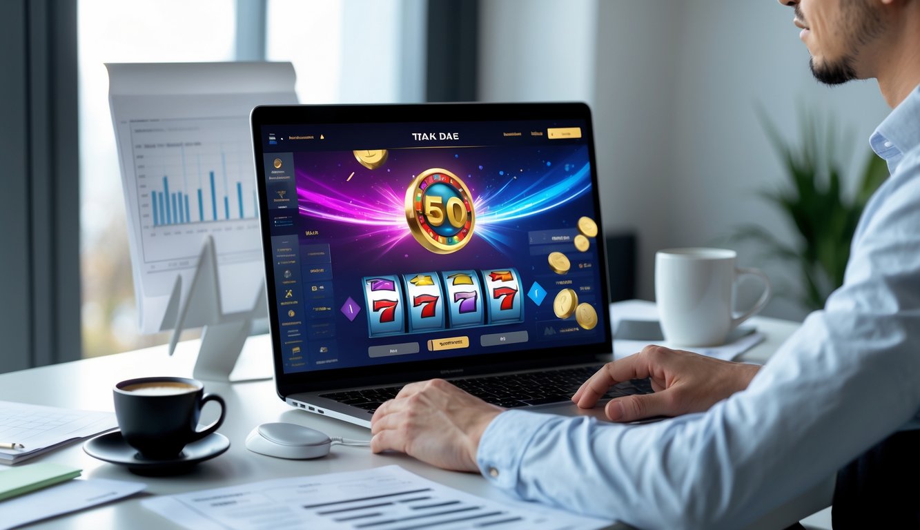 Seseorang duduk di meja dengan laptop yang menampilkan permainan slot online, dikelilingi oleh catatan dan grafik strategi.