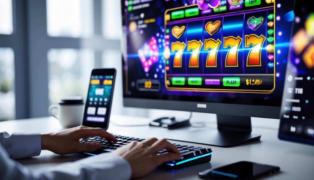 Meja kerja dengan komputer menampilkan permainan slot online, tangan seseorang menggunakan mouse dan keyboard, serta ponsel di sampingnya.