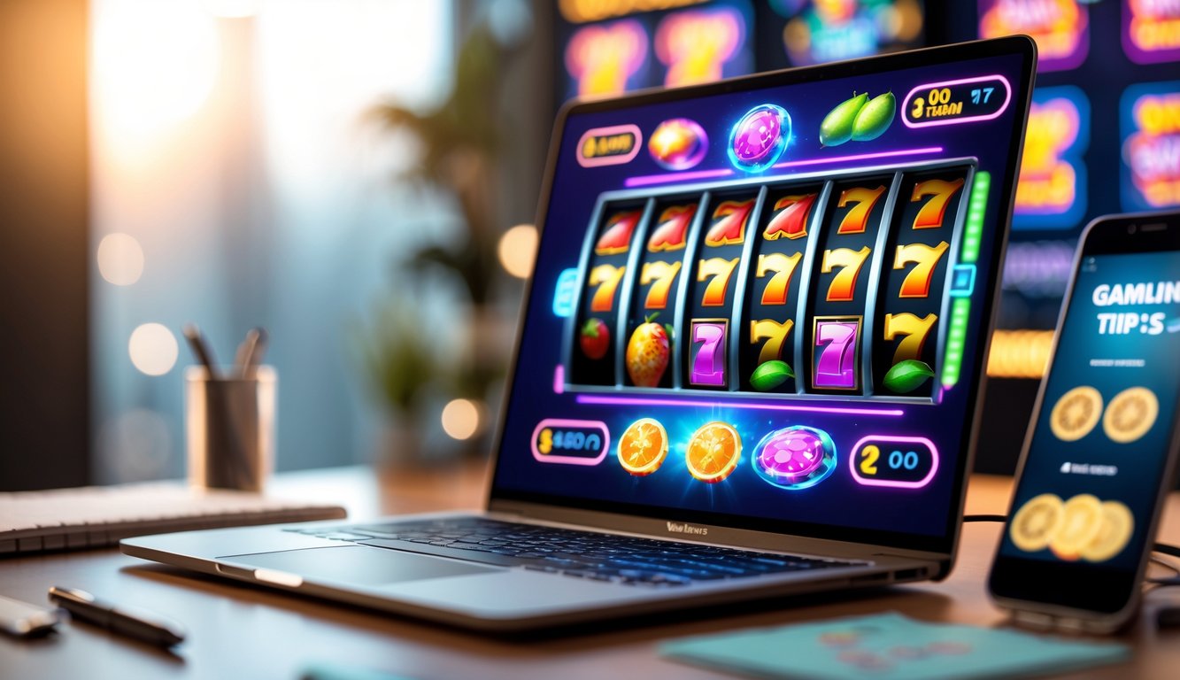 Seorang pemain judi slot online menggunakan laptop dengan tampilan mesin slot berwarna-warni, di meja terdapat catatan dan ponsel yang menunjukkan tips judi.