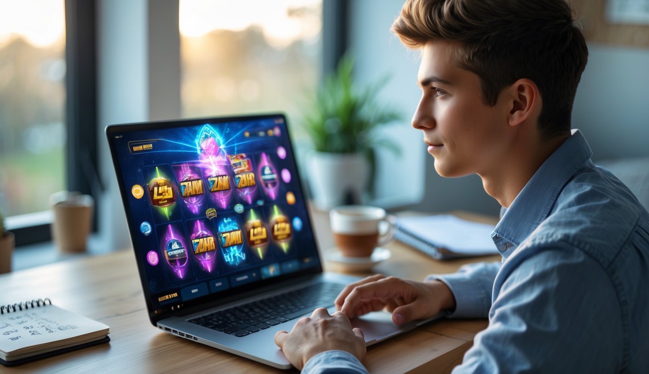Seorang pria muda duduk di meja kerja dengan laptop menampilkan permainan slot online, tampak fokus dan serius.