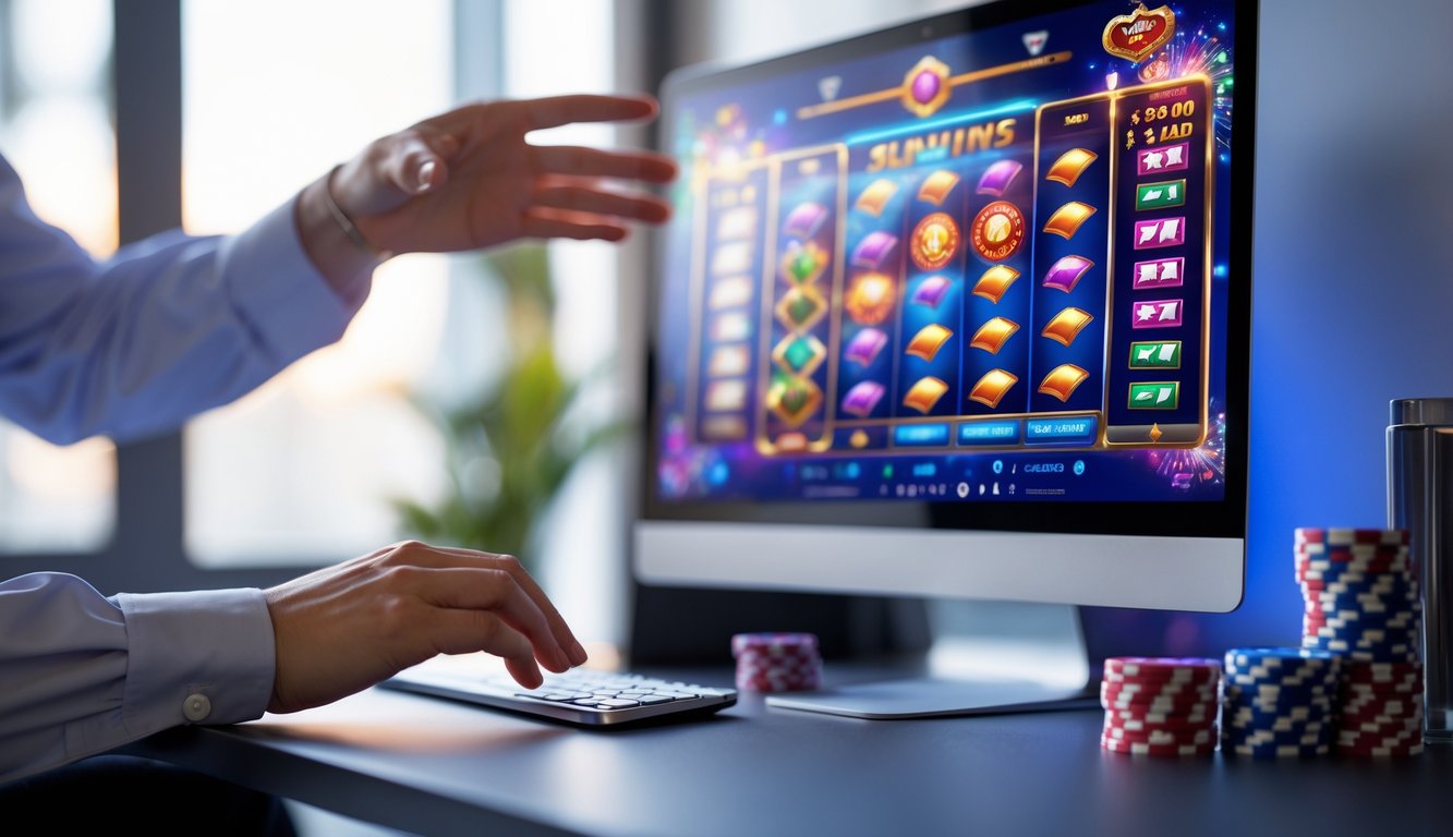 Seseorang sedang bermain permainan slot online di komputer dengan latar belakang meja kerja yang rapi dan peralatan kasino kecil di sekitarnya.