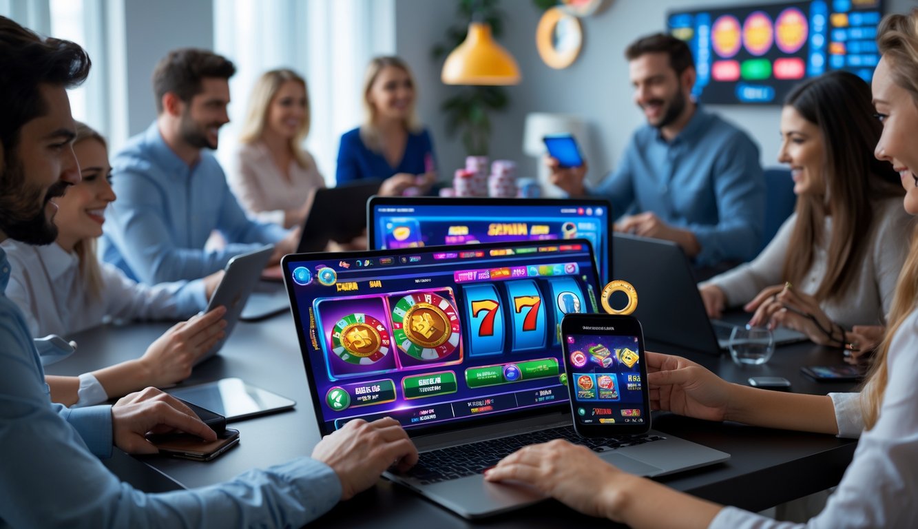 Beberapa orang menggunakan perangkat digital untuk bermain judi slot online Pragmatic di ruangan modern.