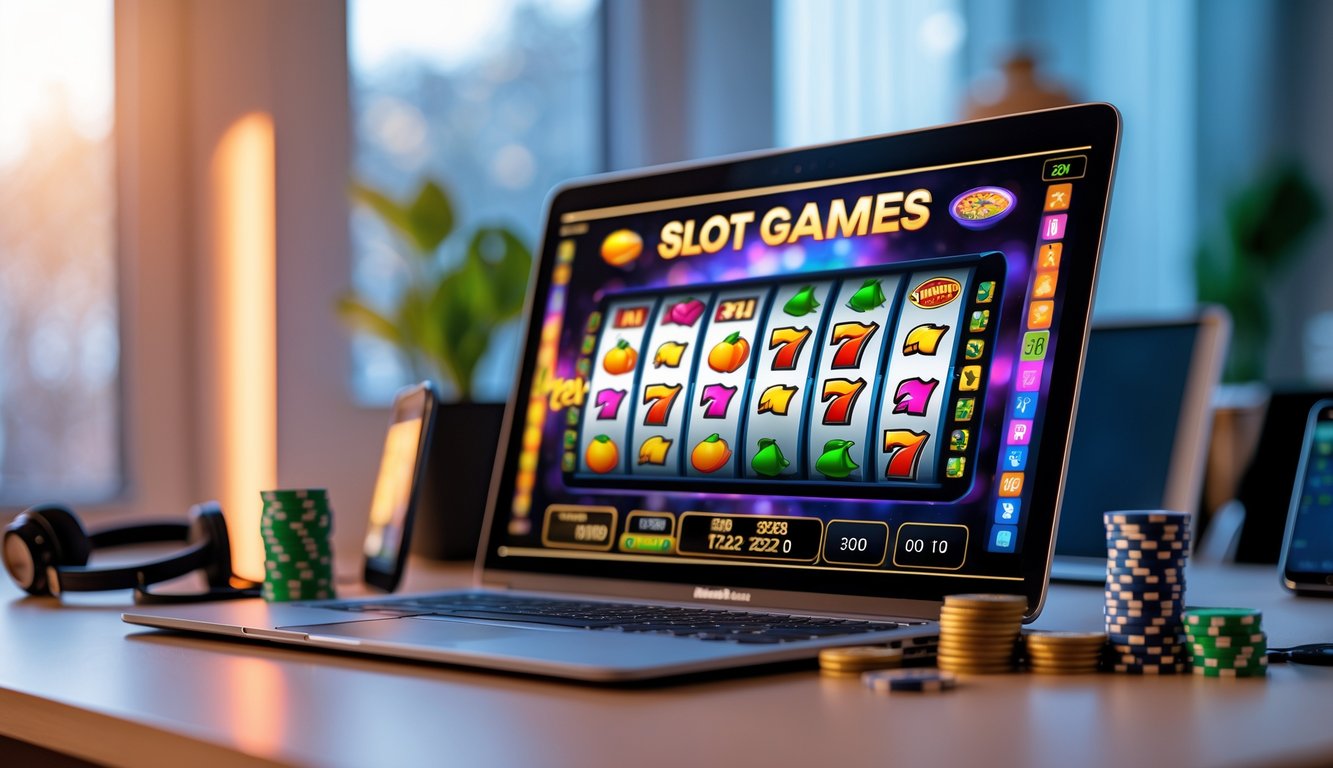 Seorang pria duduk di meja kerja dengan laptop yang menampilkan permainan slot online berwarna-warni, dengan koin dan chip poker di sebelahnya.