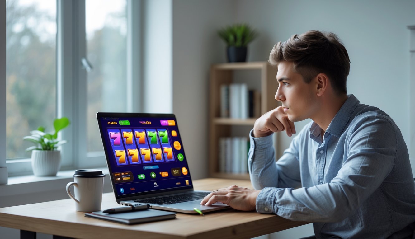 Seorang pria muda duduk di meja dengan laptop yang menampilkan permainan slot online, tampak fokus dan serius di ruang kerja yang nyaman.