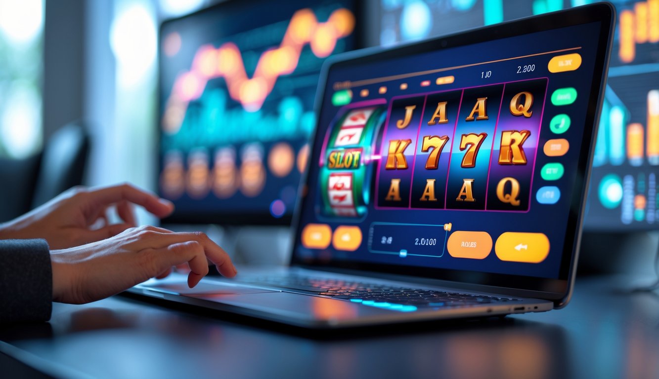 Seseorang menggunakan komputer dengan layar menampilkan mesin slot online berwarna cerah dan grafik data RTP di latar belakang.