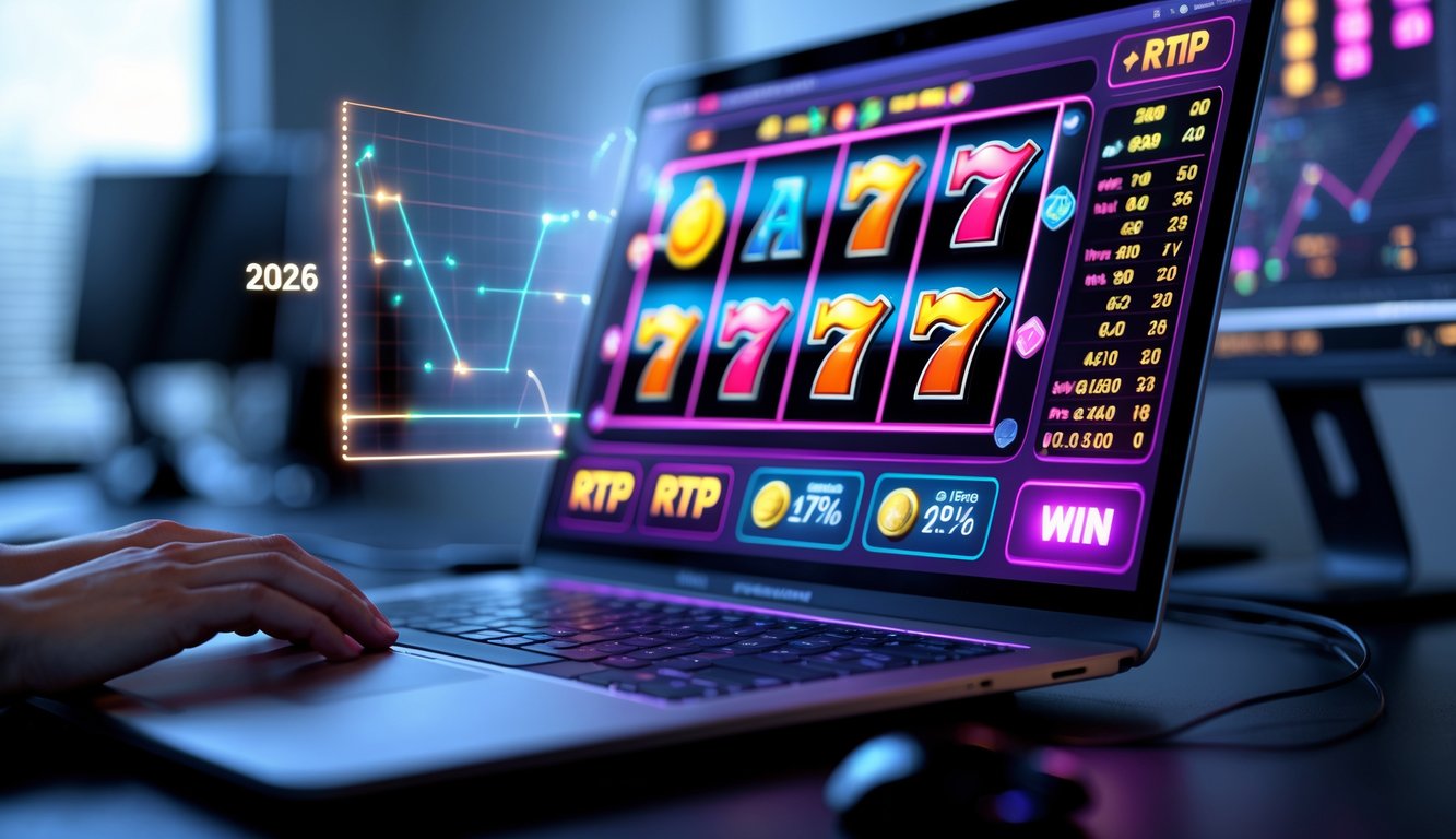 Tampilan dekat layar komputer dengan mesin slot online berwarna-warni yang sedang berputar, dikelilingi oleh elemen data dan grafik, di sebuah ruangan kerja modern.