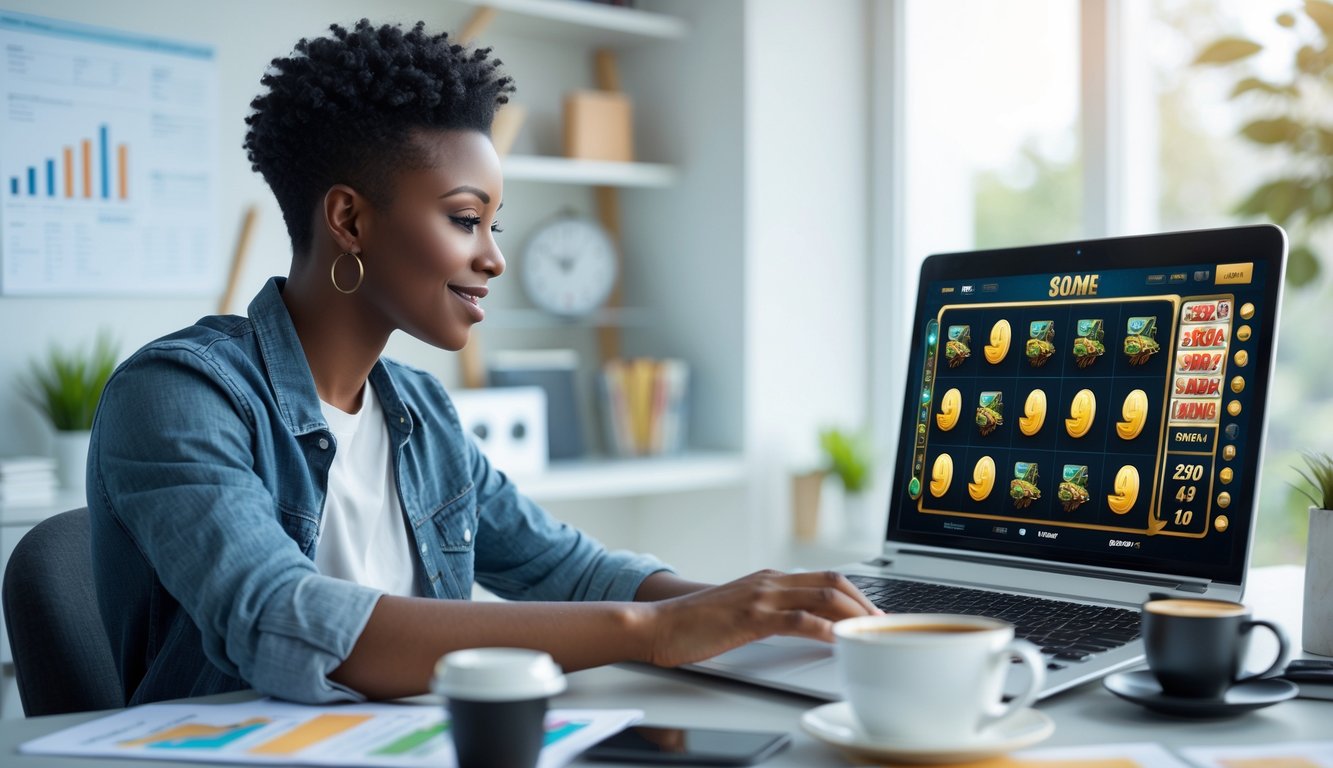 Seorang dewasa muda fokus bermain judi slot online di laptop di meja kerja yang rapi dan terang.