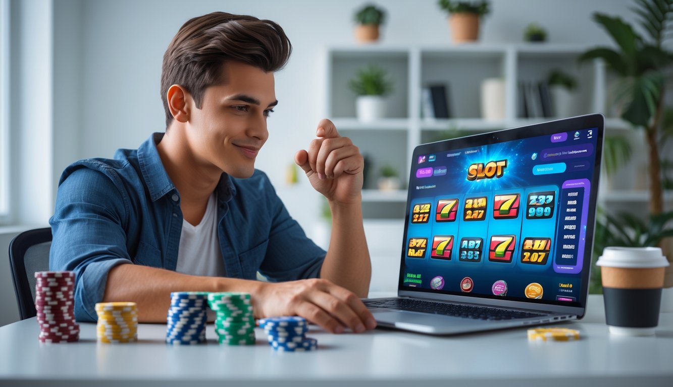Seorang dewasa muda duduk di meja dengan laptop yang menampilkan permainan slot online, terlihat fokus dan percaya diri di ruang kerja yang terang dan rapi.