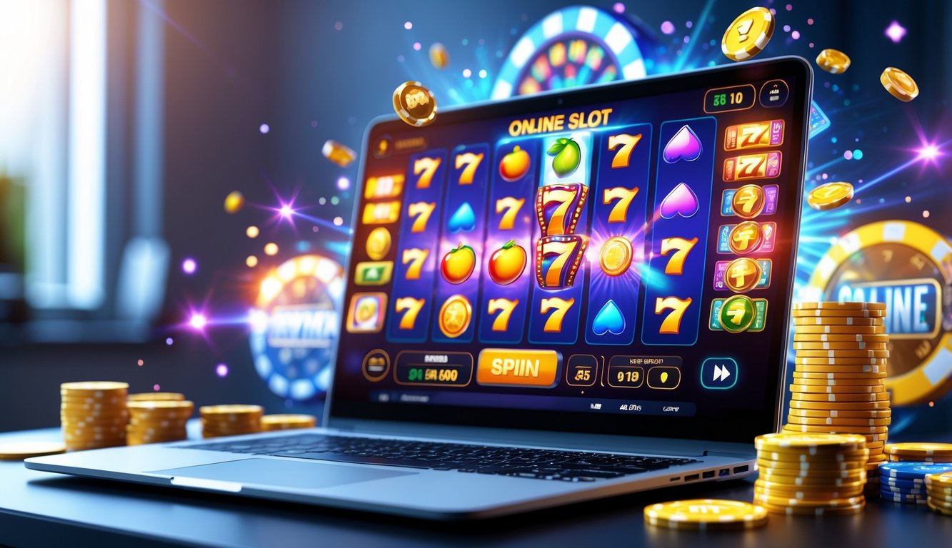 Seorang pemain menggunakan komputer dengan tampilan permainan slot online yang berwarna-warni dan simbol jackpot, dikelilingi oleh koin dan chip kasino yang bersinar.