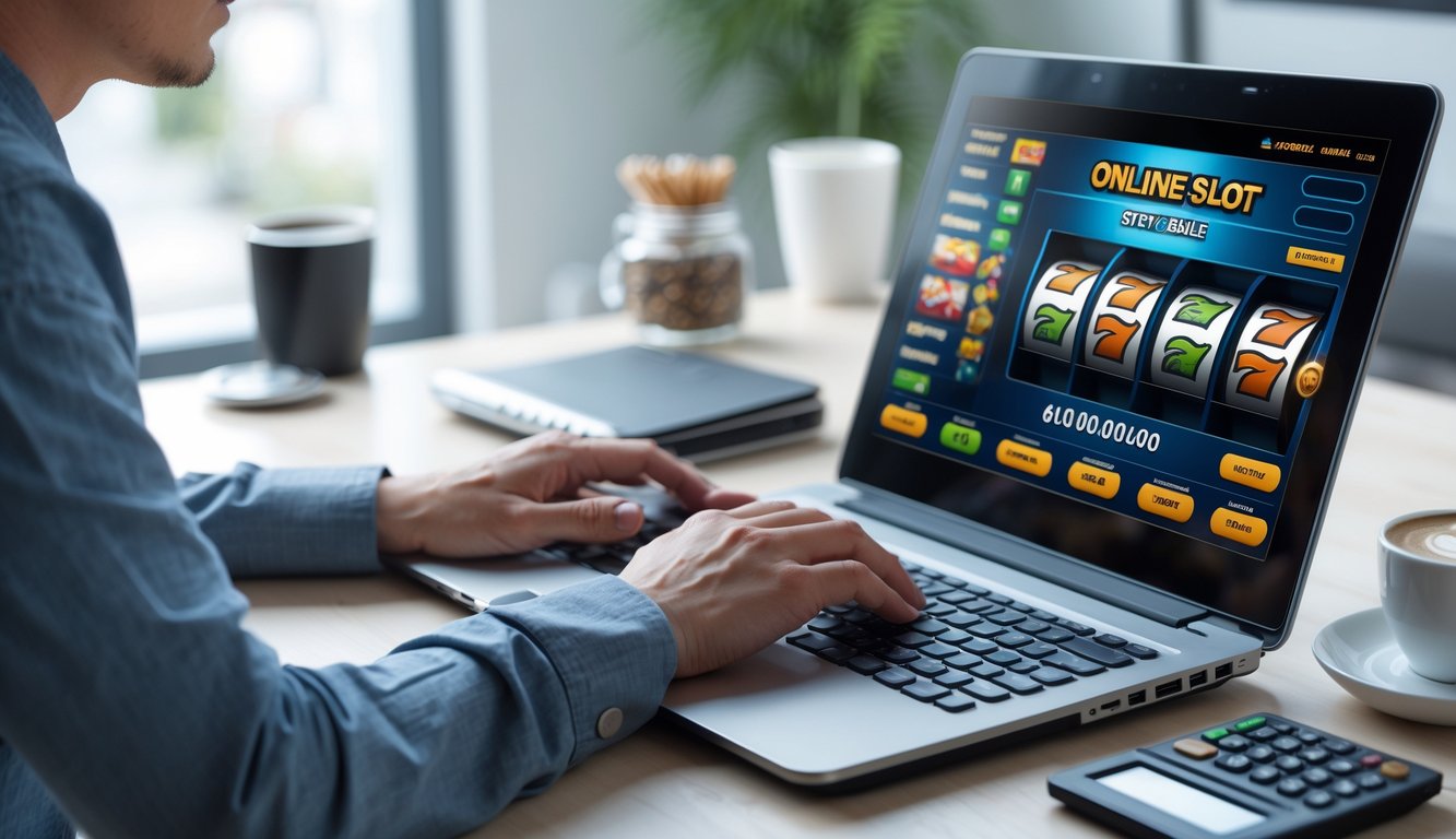 Seseorang bermain judi slot online di laptop di ruang kerja rumah yang rapi dan terang.