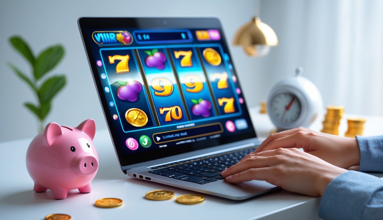 Seorang pemain fokus menggunakan komputer dengan tampilan permainan slot online Pragmatic Play yang berwarna-warni, dikelilingi simbol keamanan dan pengelolaan uang.