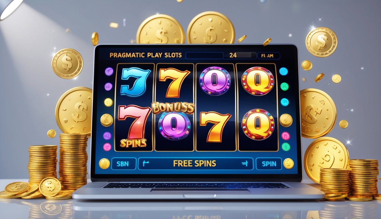 Sebuah laptop menampilkan permainan slot online dengan koin emas dan simbol jackpot di sekitar meja kerja modern.
