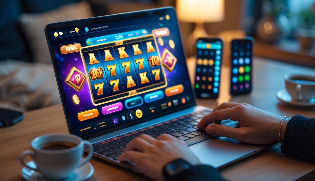 Seseorang menggunakan laptop dengan tampilan permainan slot online di layar, dikelilingi oleh suasana ruang kerja yang nyaman dengan kopi dan ponsel.