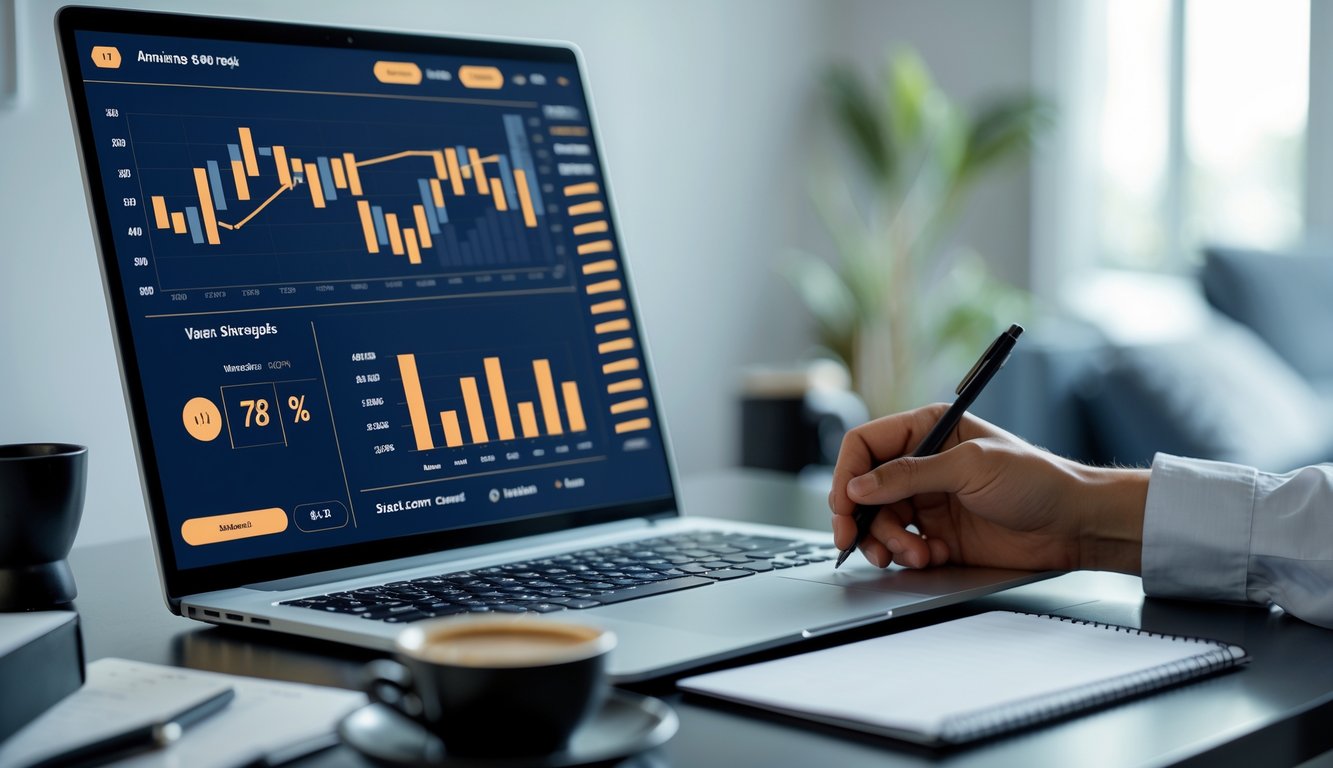 Seseorang sedang menganalisis strategi permainan slot online di depan laptop dengan grafik dan catatan di meja.