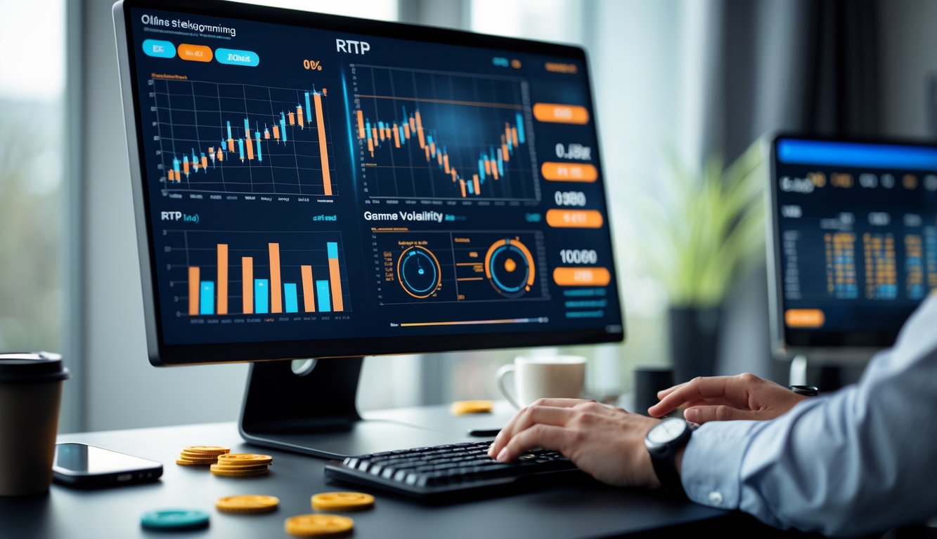 Orang sedang menganalisis data permainan slot online di depan komputer dengan grafik dan statistik di layar.